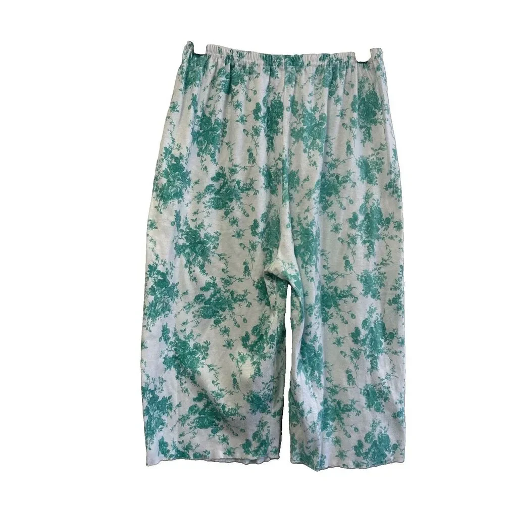 Women Floral Lounge Pajama Pants L Green White Elastic Waist Cotton Blend